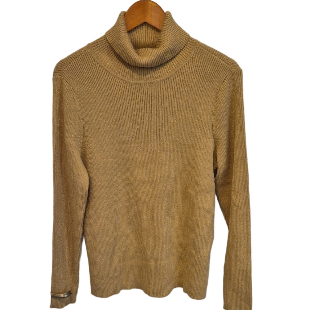 Lauren Ralph Lauren Gold Shimmer Ribbed Turtleneck Sweater